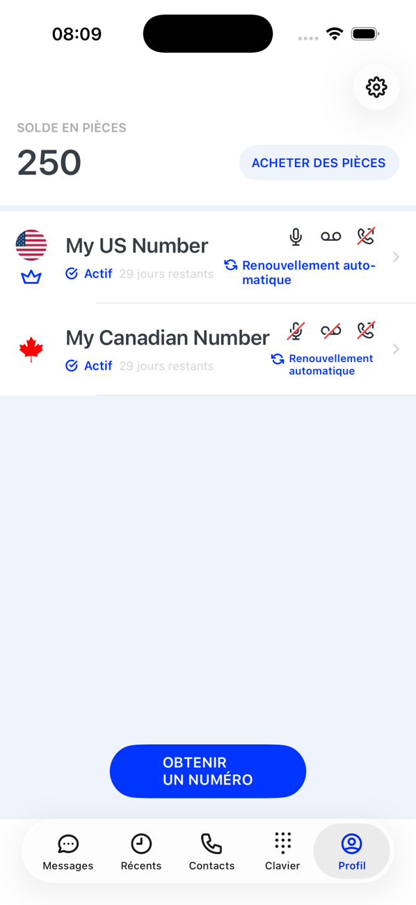 The Profile screen in French: Solde en pièces, Acheter des pièces, two active numbers and Obtenir un numéro