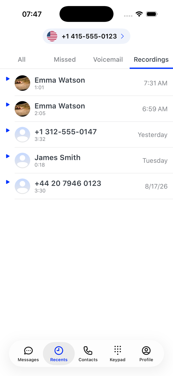 Recents Recordings tab listing call recordings with their durations and dates