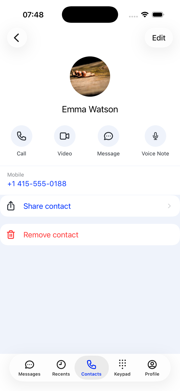 A contact's profile with Call, Video, Message and Voice Note buttons, the phone number, Share contact and Remove contact