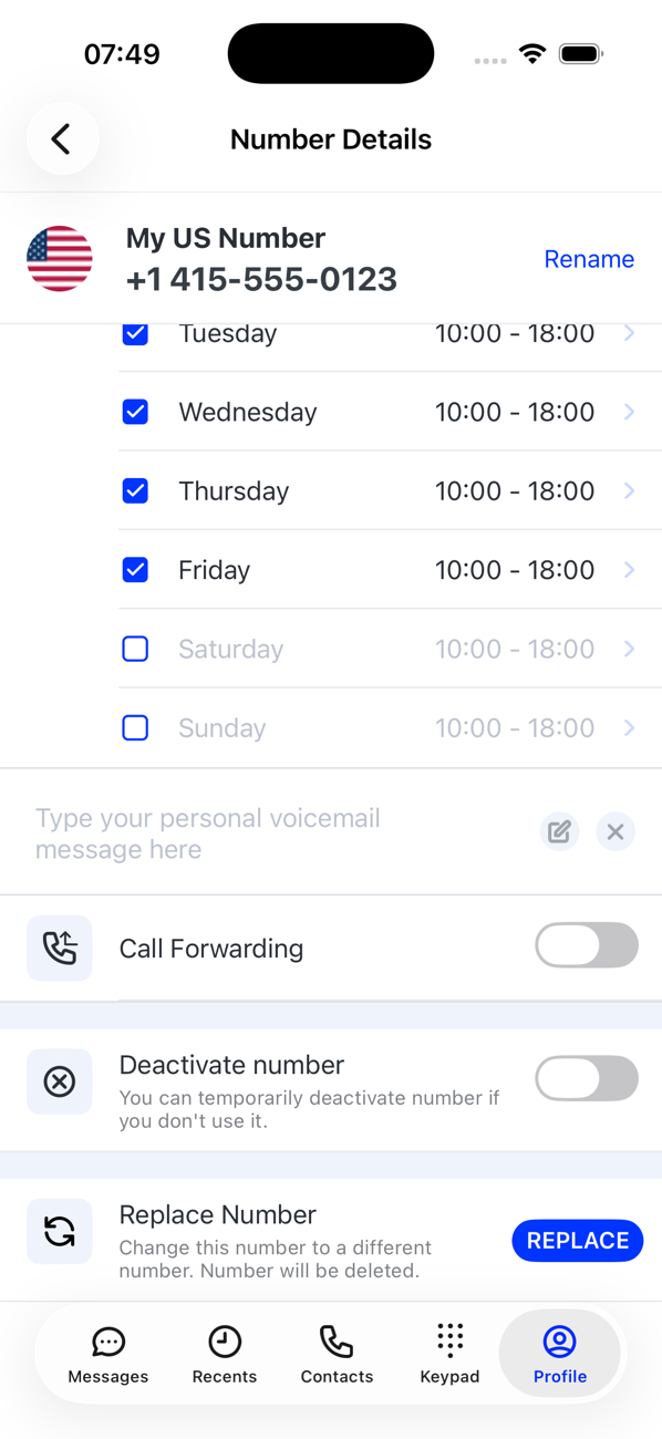 Lower half of Number Details: business hours, the personal voicemail message box, Call Forwarding, Deactivate number and Replace Number