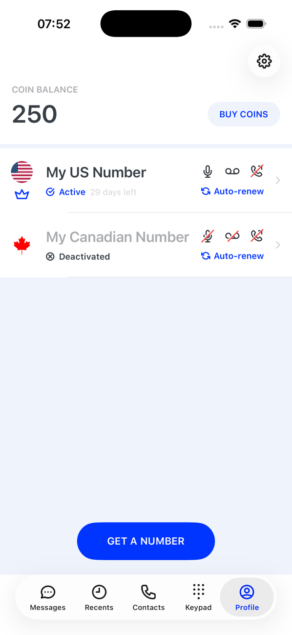 Profile screen with one active number and one deactivated number