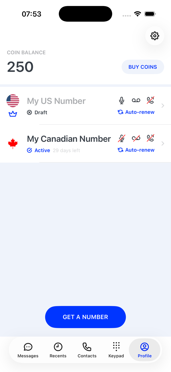 Profile screen with the primary number marked Draft, waiting for its address