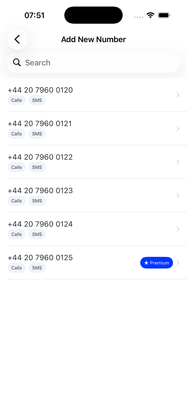 Add New Number screen listing available UK numbers with their capabilities, one marked Premium