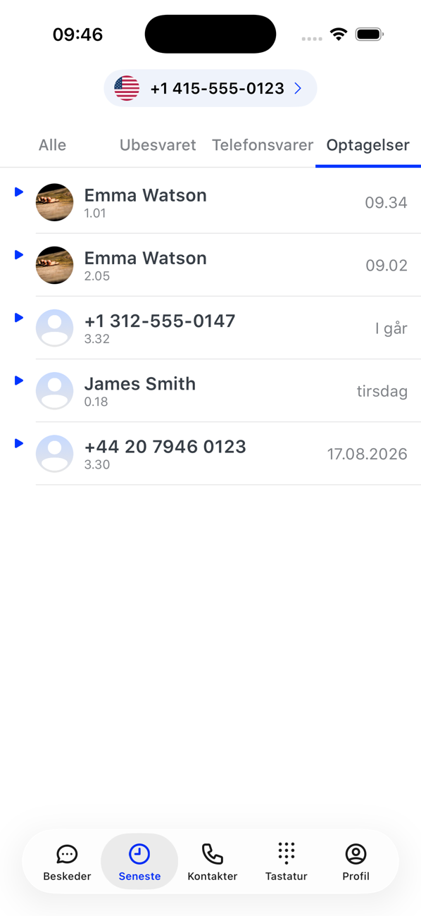 Fanen Optagelser under Seneste med opkaldsoptagelser med deres varighed og datoer