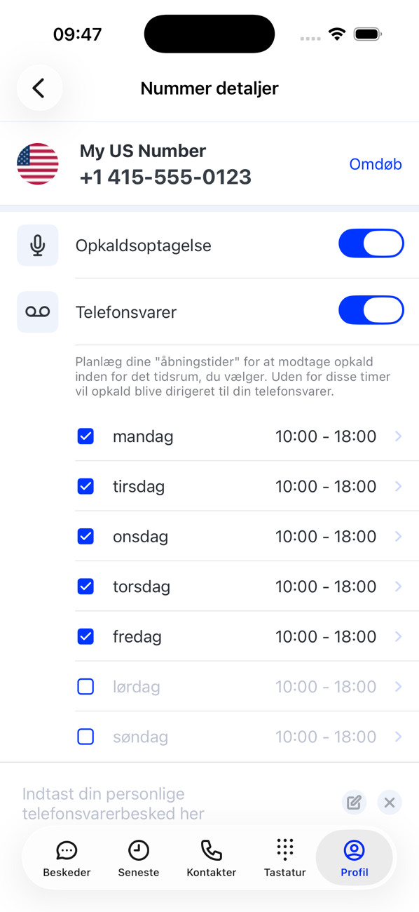 Skærmen Nummerdetaljer for det primære nummer med kontakter til Opkaldsoptagelse og Telefonsvarer og åbningstider pr. dag