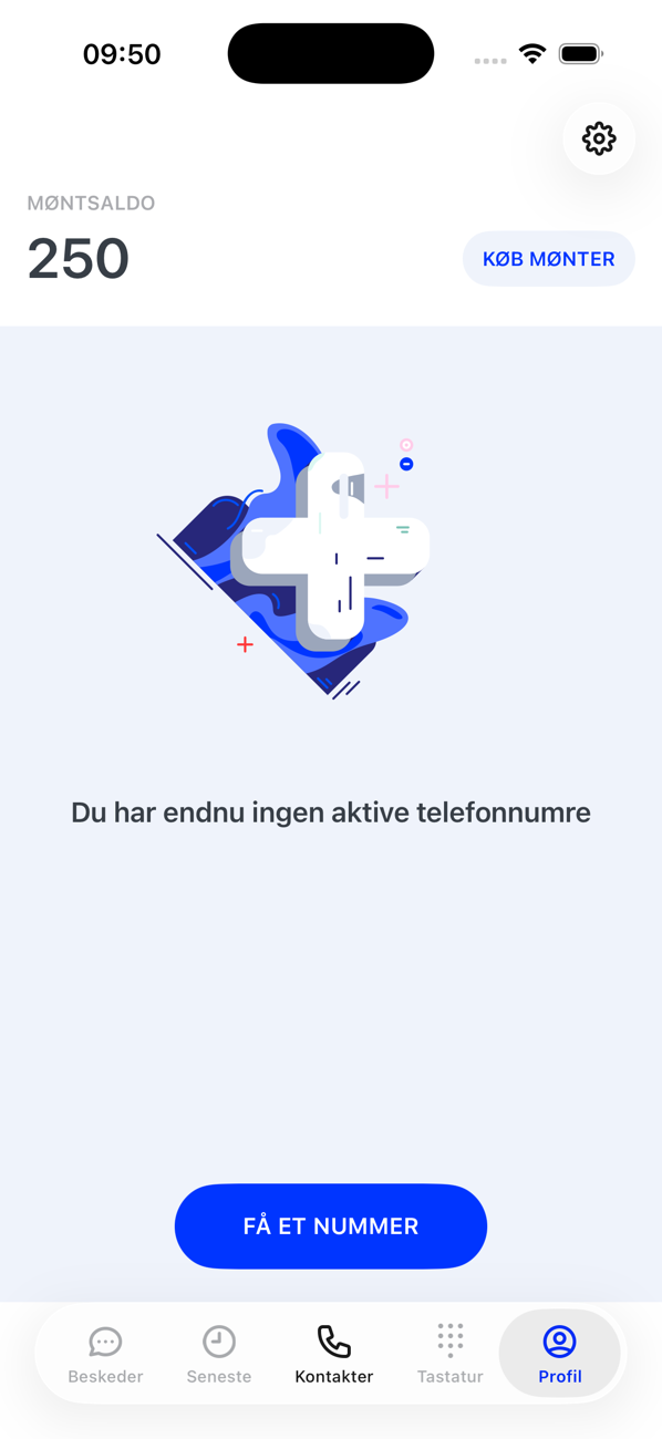 Profil-skærmen uden numre endnu: møntsaldoen, Du har ingen aktive telefonnumre endnu, og en FÅ ET NUMMER-knap; de andre faner er nedtonede