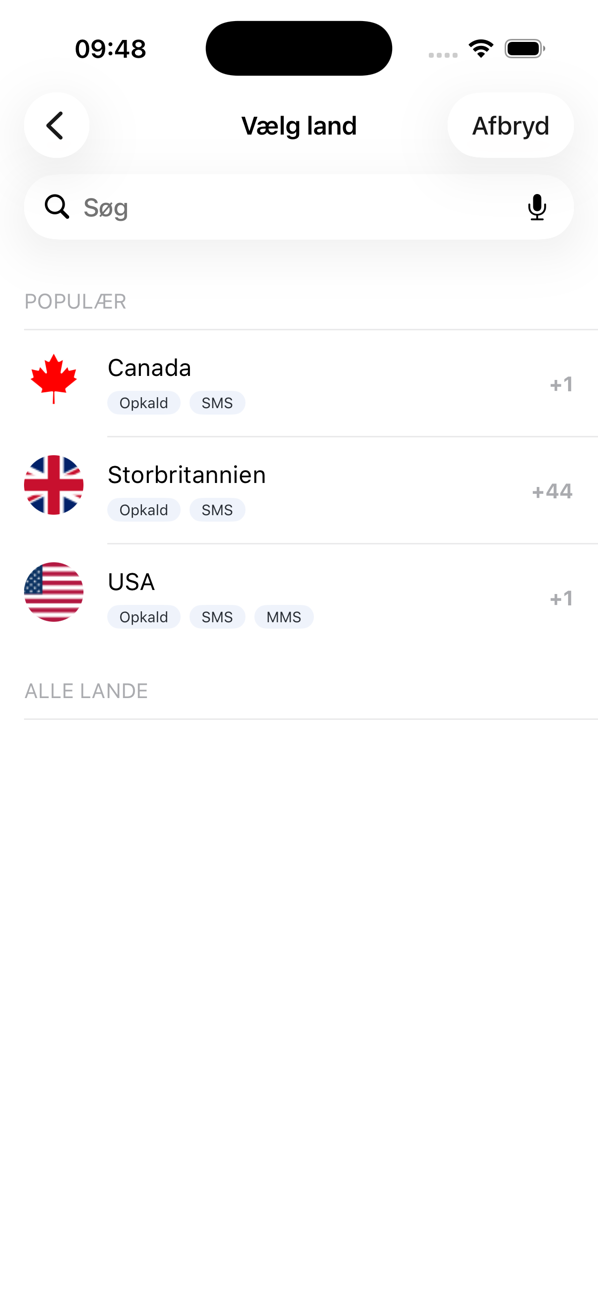 Skærmen Vælg land ved tilføjelse af et nummer, med populære lande og et søgefelt