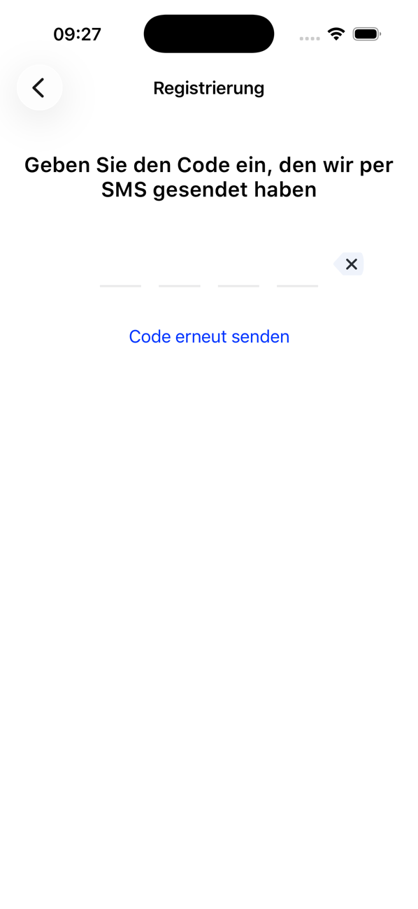 Registrierungsbildschirm, der nach dem per SMS gesendeten Code fragt, mit dem Link „Code erneut senden“