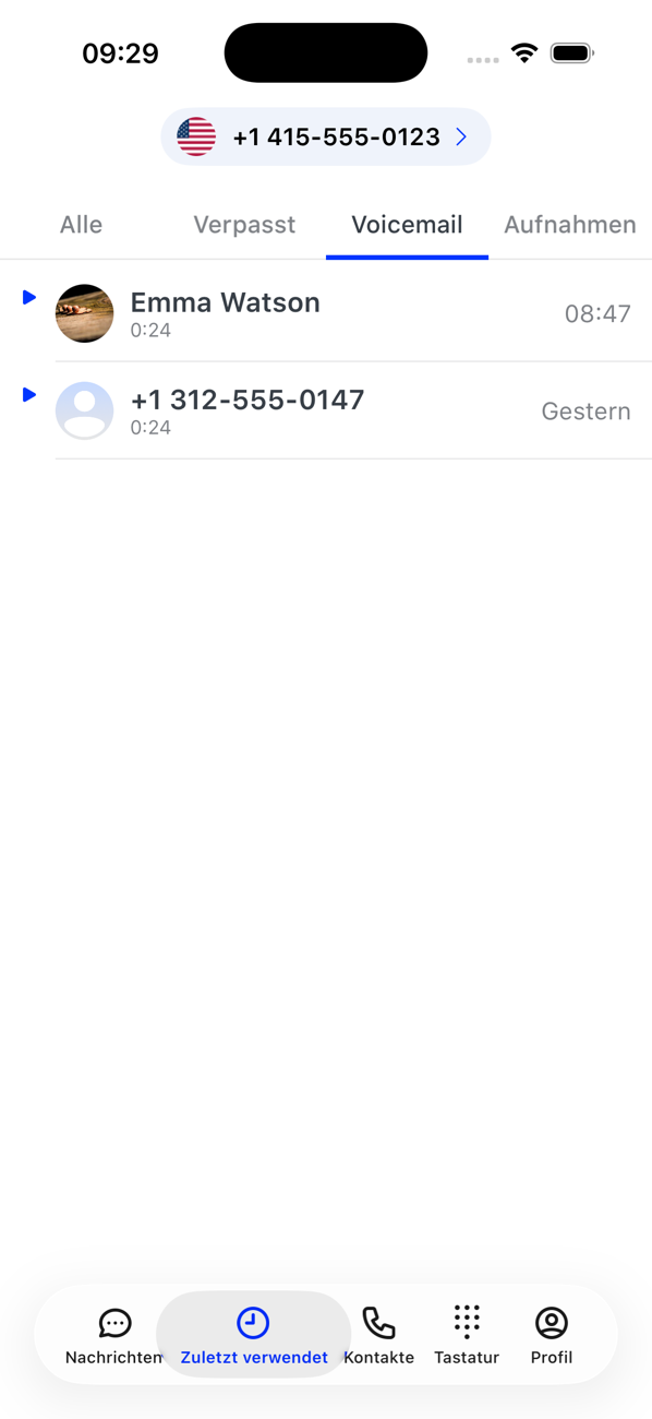 Voicemail-Tab unter „Zuletzt verwendet“ mit zwei Voicemails und ihrer Dauer
