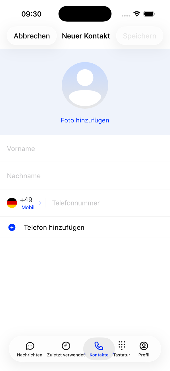 Formular „Neuer Kontakt“ mit Foto hinzufügen, Vorname, Nachname und einem Telefonnummernfeld