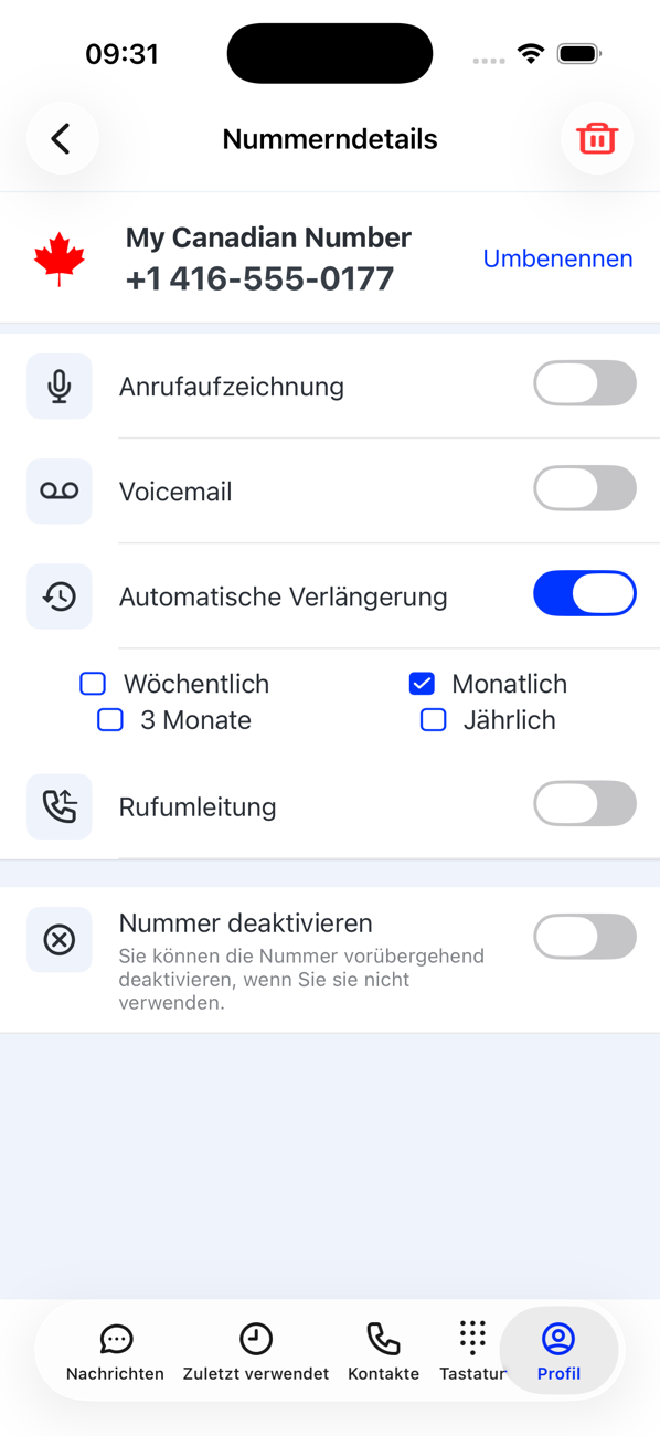 Nummerndetails einer weiteren Nummer mit Umbenennen, Anrufaufzeichnung, Voicemail, Optionen für die automatische Verlängerung und Nummer reaktivieren