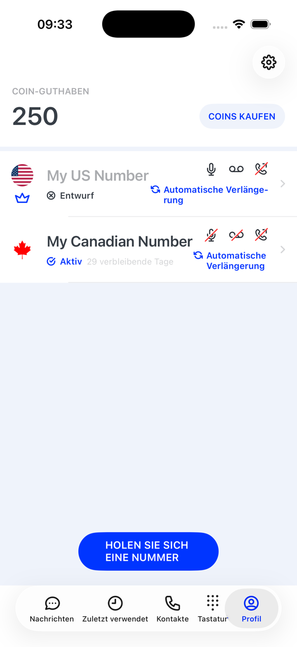 Profil-Bildschirm mit der Hauptnummer im Status Entwurf, die auf ihre Adresse wartet