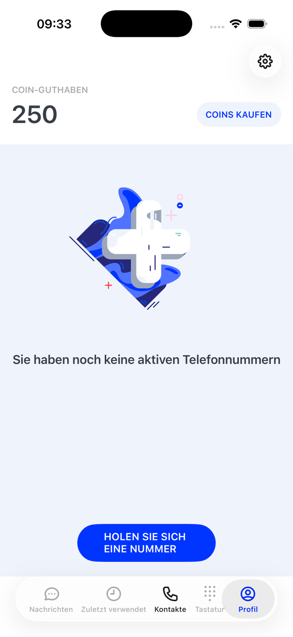 Profil-Bildschirm noch ohne Nummern: das Coin-Guthaben, „Sie haben noch keine aktiven Telefonnummern“ und die Taste HOLEN SIE SICH EINE NUMMER; die anderen Tabs sind ausgegraut