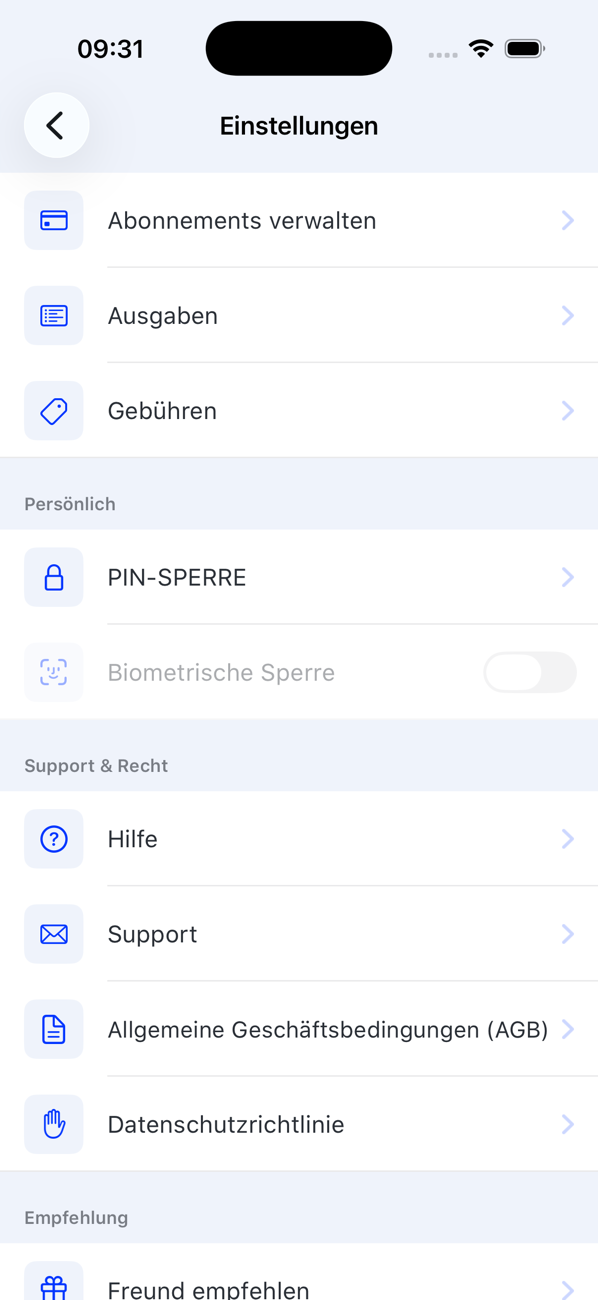 Einstellungen-Bildschirm mit Abonnements verwalten, Ausgaben, Gebühren, PIN-SPERRE, Biometrische Sperre, Hilfe, Support, Allgemeine Geschäftsbedingungen (AGB), Datenschutzrichtlinie und Freunde einladen