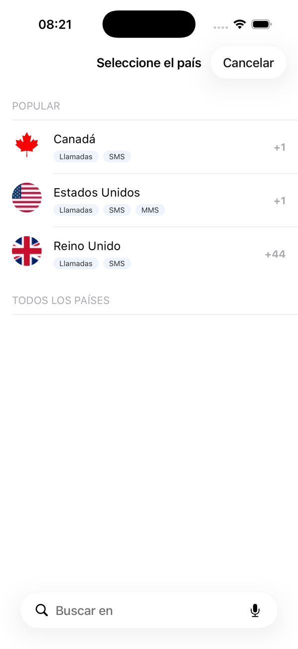 Pantalla Seleccionar país con la lista de países populares y sus capacidades de Llamadas, SMS y MMS