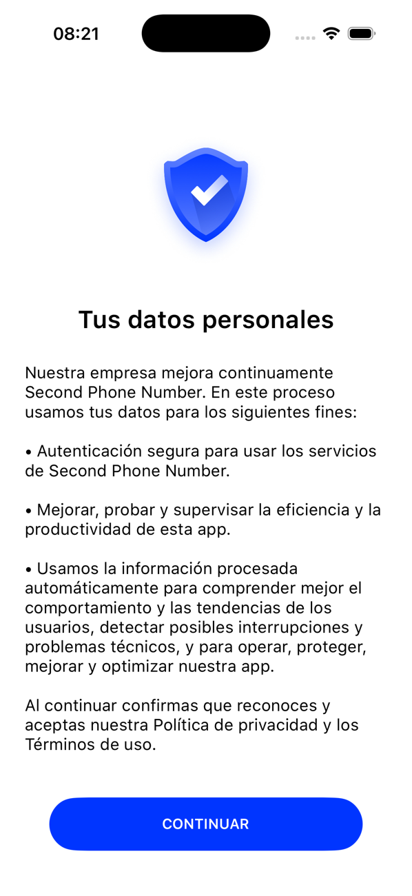 Pantalla Tus datos personales, que explica cómo usa la app tus datos, con un botón CONTINUAR
