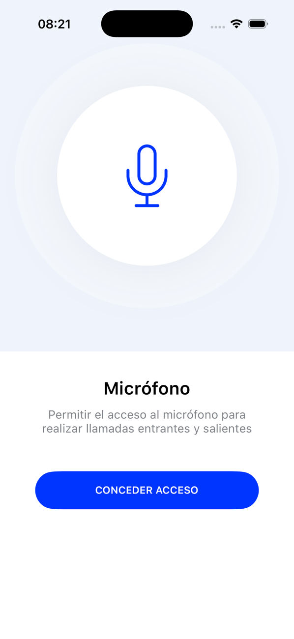 Pantalla de permiso del micrófono con un botón CONCEDER ACCESO
