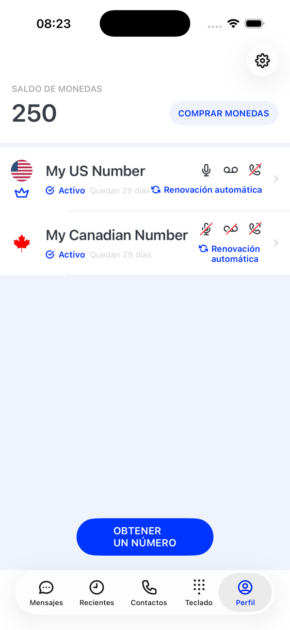 Pantalla Perfil con el saldo de monedas, dos números activos con sus iconos de ajustes y un botón OBTENER UN NÚMERO