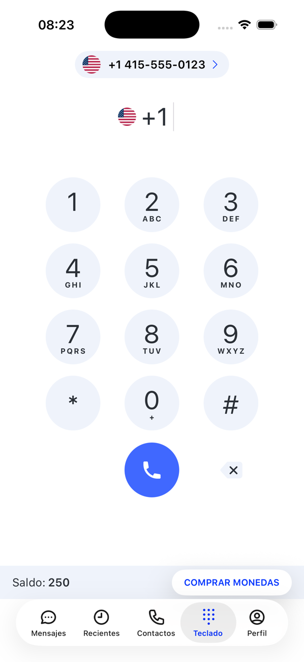 Pantalla Teclado con el selector de número en la parte superior, la bandera del país, el teclado de marcado y el saldo de monedas