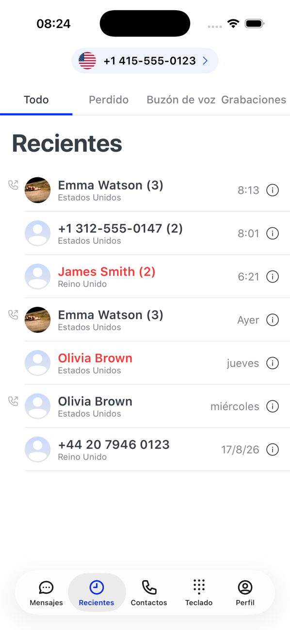 Pestaña Recientes con todas las llamadas, con nombres de contactos, países y horas