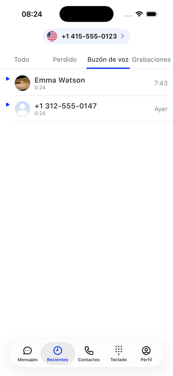 Pestaña Buzón de voz de Recientes con dos mensajes de voz y su duración