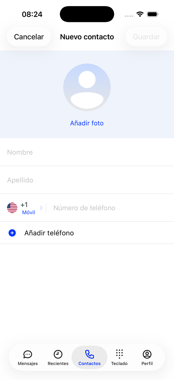 Formulario Nuevo contacto con Añadir foto, Nombre, Apellido y un campo de número de teléfono