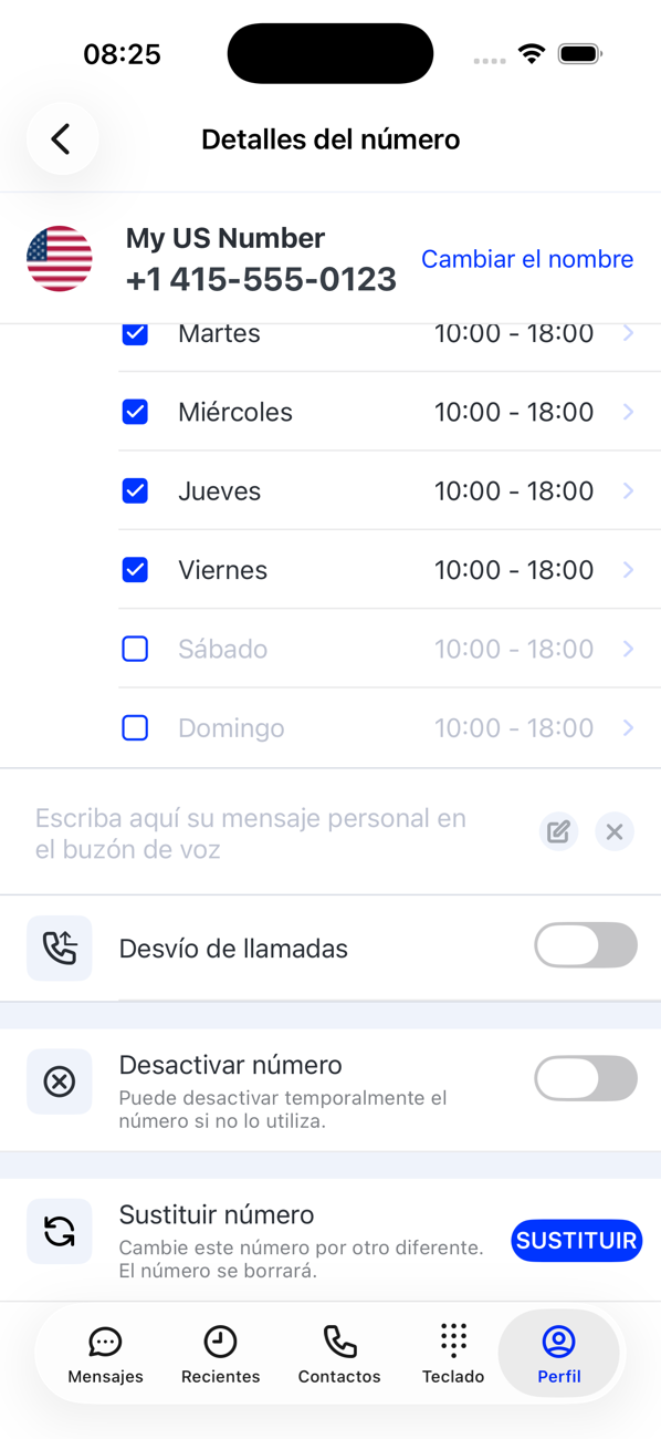 Mitad inferior de Detalles del número: horario comercial, el cuadro del mensaje personal del buzón de voz, Desvío de llamadas, Desactivar número y Reemplazar número