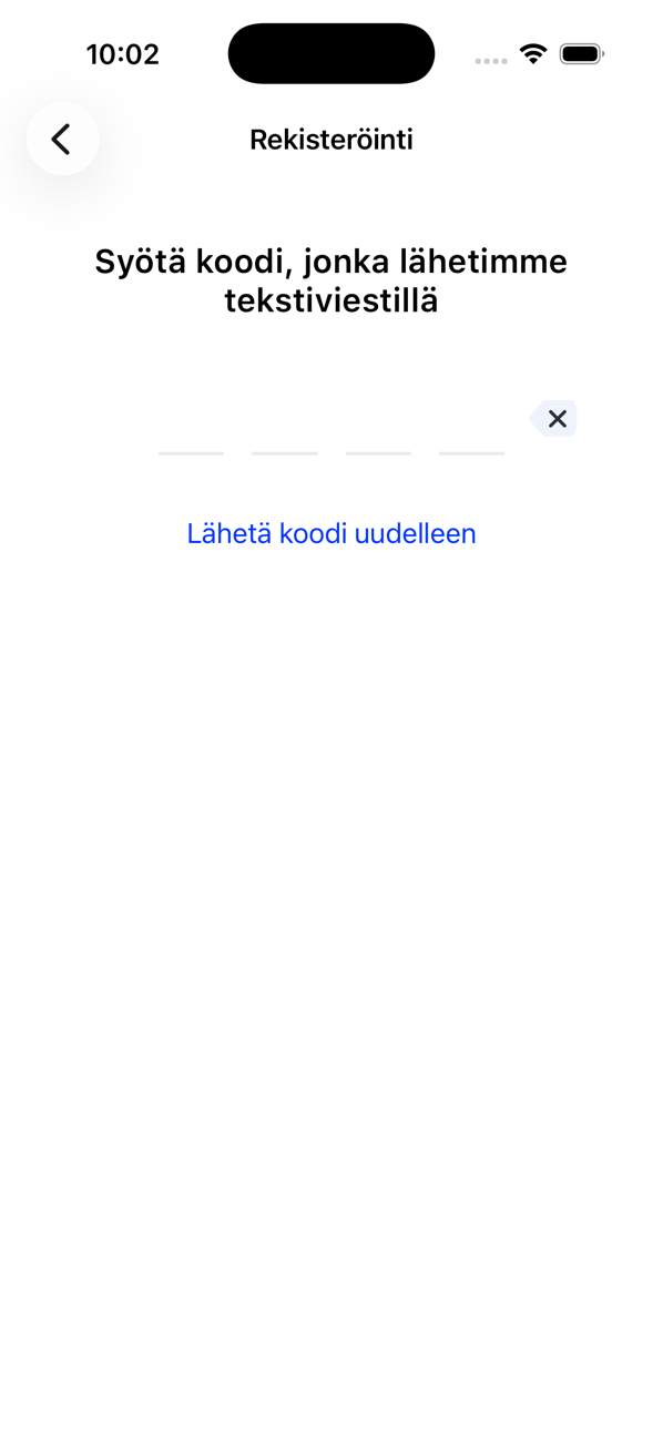 Rekisteröitymisnäyttö, joka kysyy tekstiviestillä lähetettyä koodia, ja jossa on Lähetä koodi uudelleen -linkki