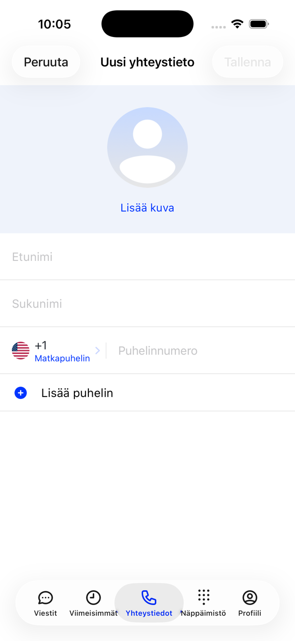 Uusi yhteystieto -lomake, jossa on Lisää kuva, Etunimi, Sukunimi ja puhelinnumerokenttä