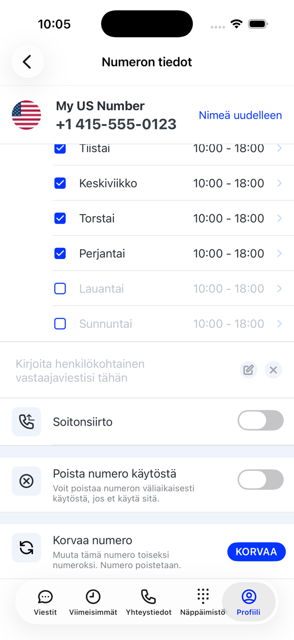 Numeron tiedot -näytön alaosa: aukioloajat, oman vastaajaviestin kenttä, Soitonsiirto, Poista numero käytöstä ja Vaihda numero