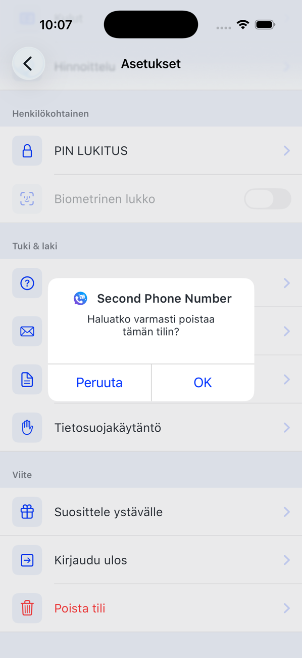 Asetukset-näyttö ja Poista tili -vahvistus: Haluatko varmasti poistaa tämän tilin? Peruuta tai OK