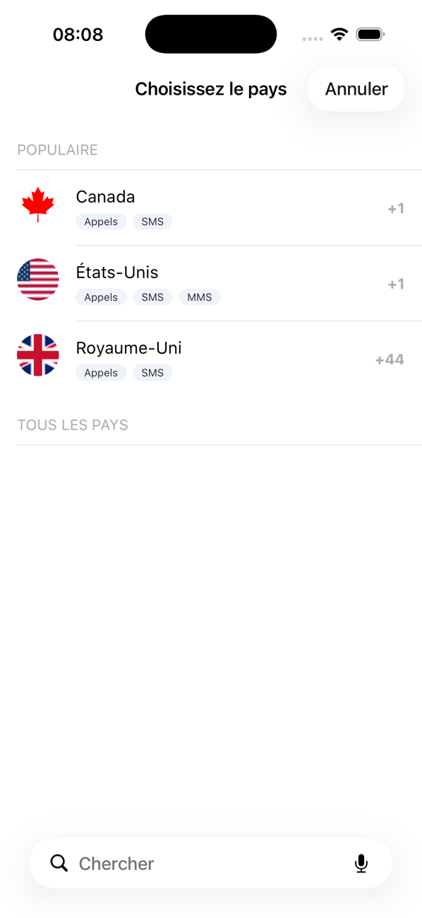 Écran Sélectionner le pays listant les pays populaires avec leurs fonctionnalités Appels, SMS et MMS