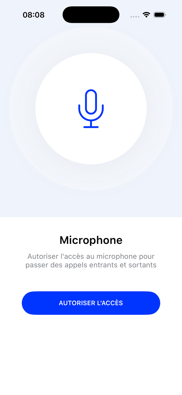 Écran d'autorisation du microphone avec un bouton AUTORISER L'ACCÈS