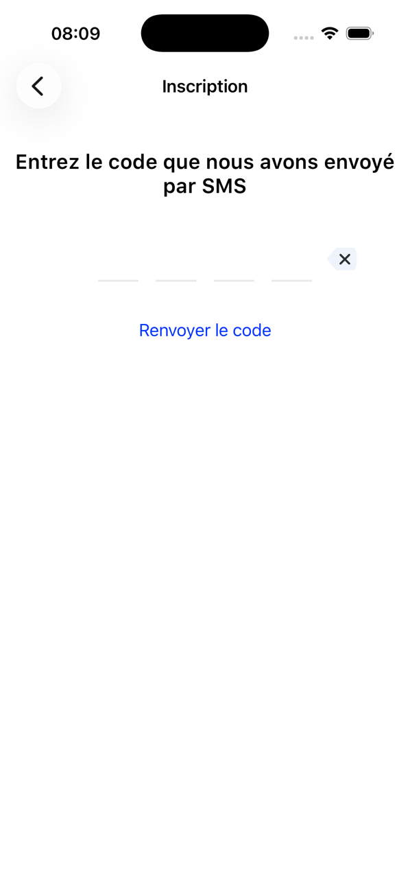 Écran d'inscription demandant le code envoyé par SMS, avec un lien Renvoyer le code