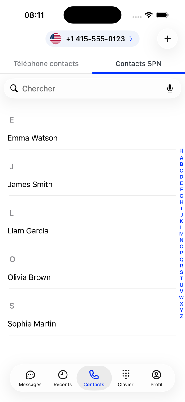 Onglet Contacts sur Contacts SPN, listant les contacts privés par ordre alphabétique avec un index A–Z