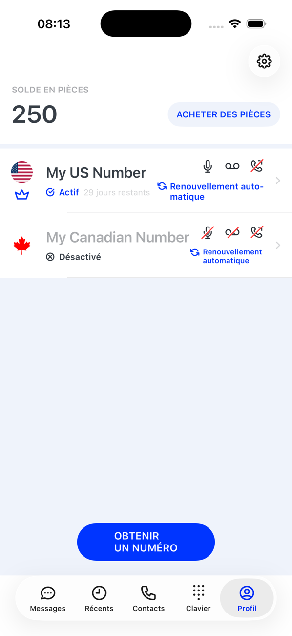 Écran Profil avec un numéro actif et un numéro désactivé