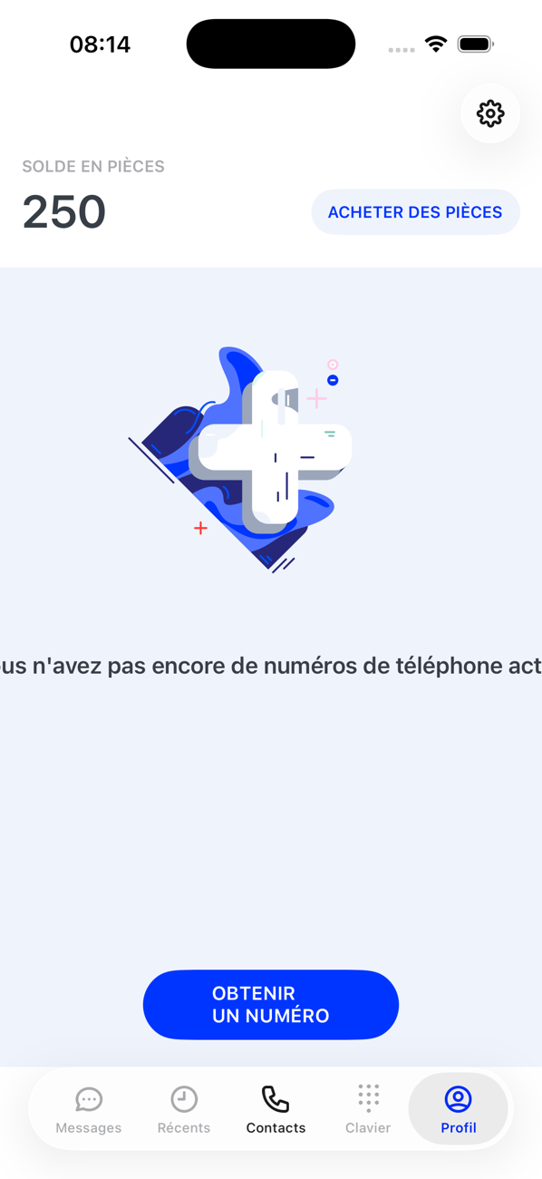 Écran Profil sans aucun numéro : le solde en pièces, Vous n'avez pas encore de numéro de téléphone actif, et un bouton OBTENIR UN NUMÉRO ; les autres onglets sont grisés