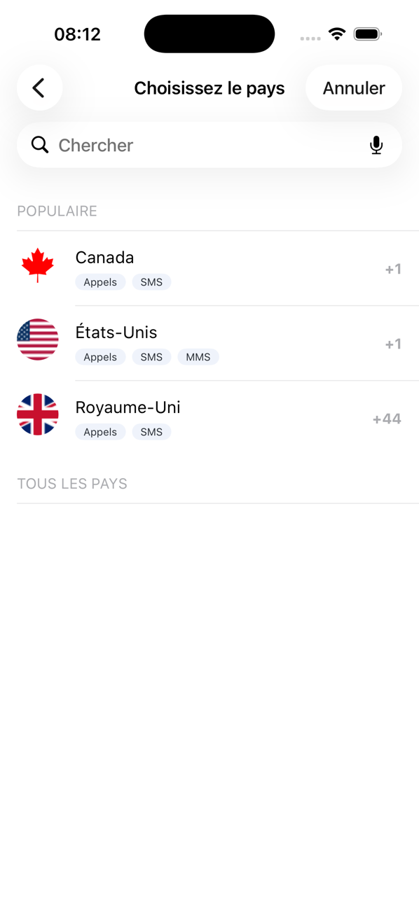 Écran Sélectionner le pays lors de l'ajout d'un numéro, avec les pays populaires et un champ de recherche