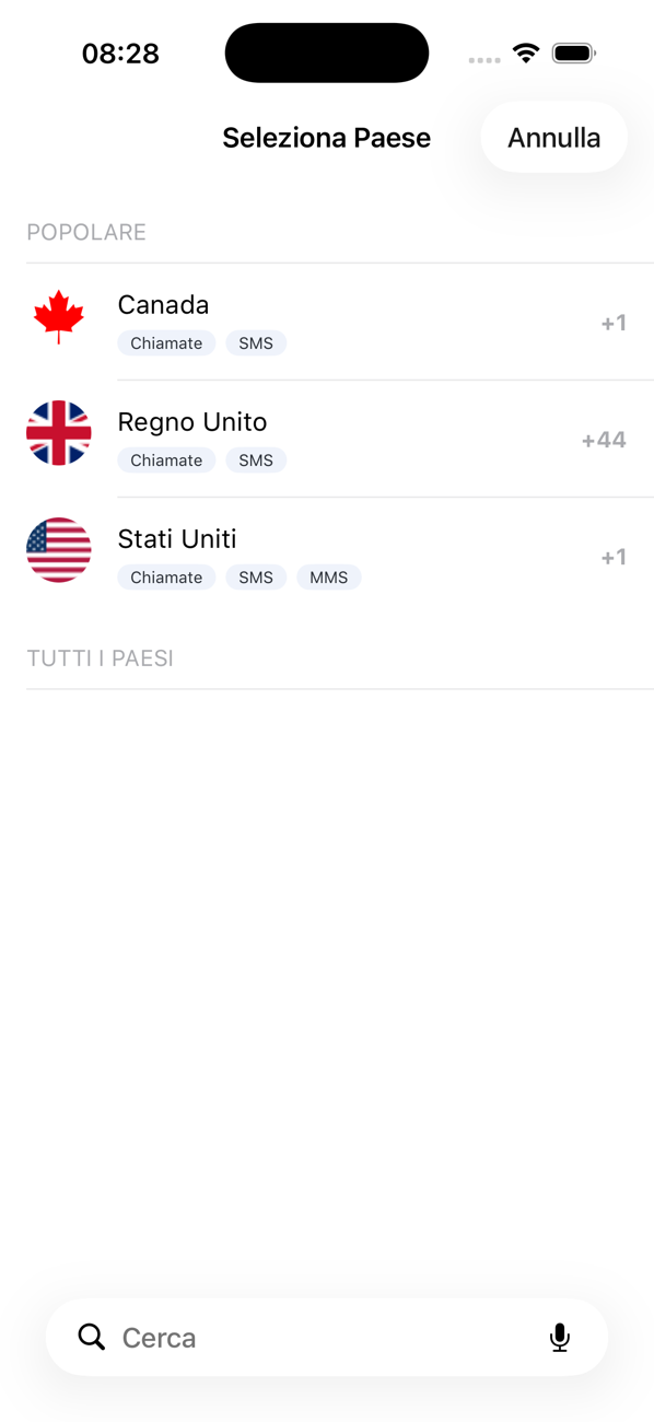 Schermata Seleziona paese con l'elenco dei paesi più richiesti e le loro funzionalità Chiamate, SMS e MMS