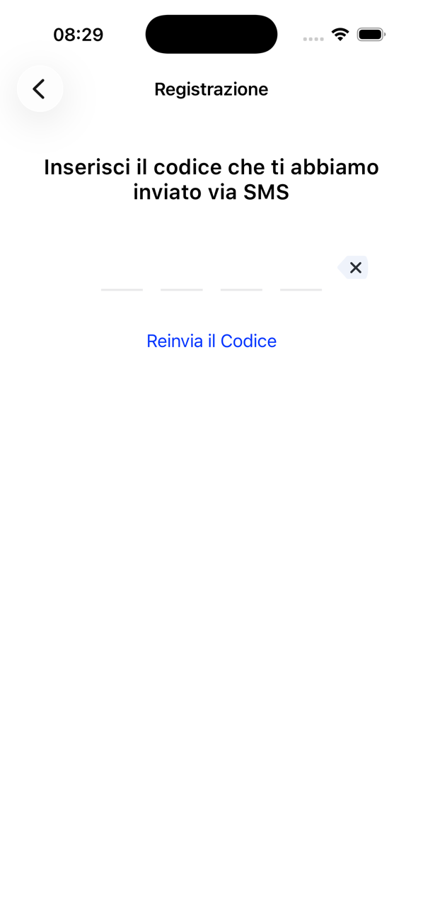 Schermata di registrazione che chiede il codice inviato via SMS, con un link Invia di nuovo il codice