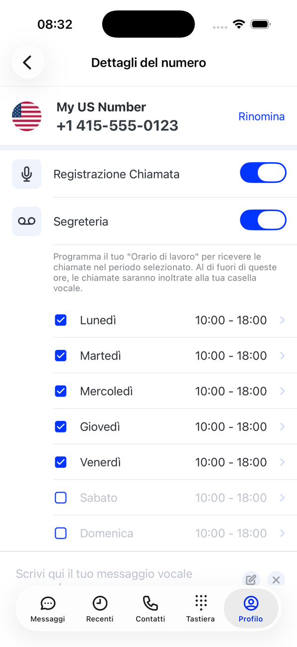 Schermata Dettagli numero del numero principale con gli interruttori Registrazione Chiamata e Segreteria e gli orari di lavoro per ogni giorno