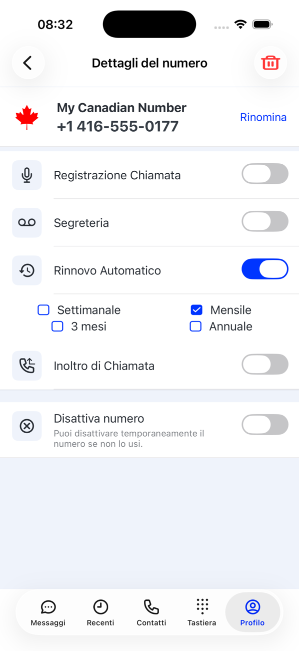 Dettagli numero di un numero aggiuntivo con le opzioni Rinomina, Registrazione Chiamata, Segreteria, Rinnovo Automatico e Riattiva numero