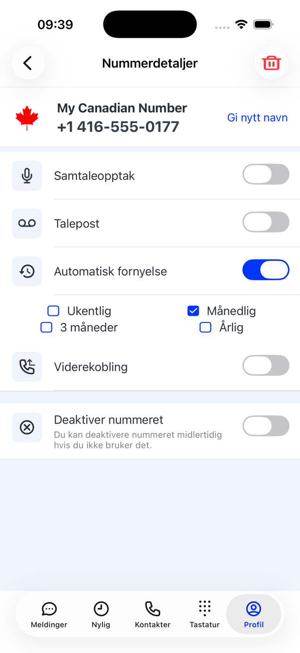 Nummerdetaljer for et ekstra nummer med Gi nytt navn, Samtaleopptak, Talepost, valg for Automatisk fornyelse og Aktiver nummer igjen
