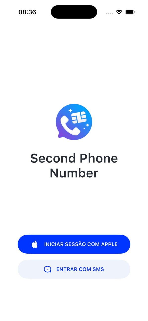 Tela de entrada com os botões ENTRAR COM A APPLE e ENTRAR COM SMS
