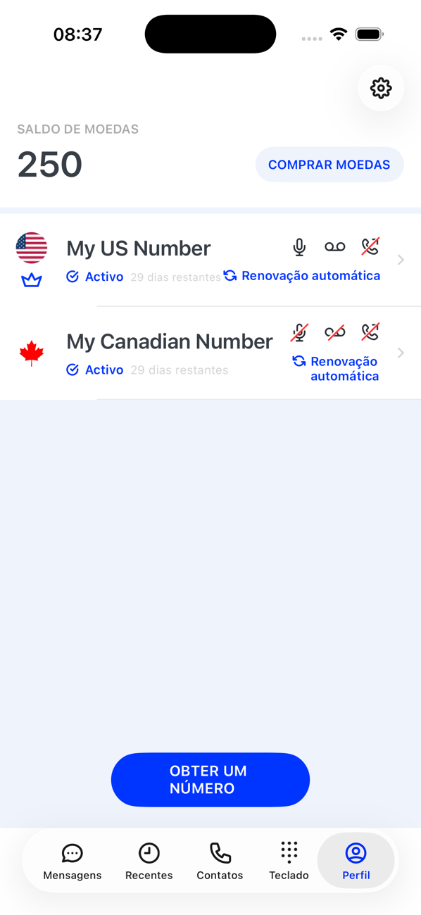 Tela Perfil mostrando o saldo de moedas, dois números ativos com seus ícones de configurações e um botão OBTER UM NÚMERO