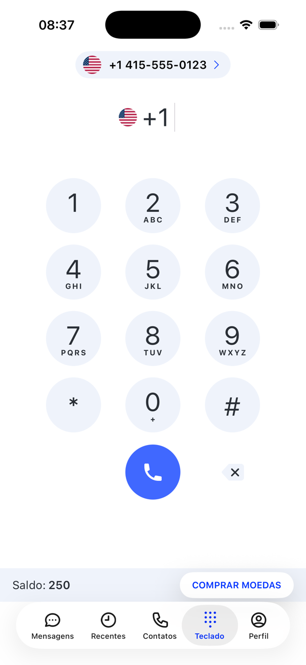 Tela Teclado com o seletor de número no topo, a bandeira do país, o teclado de discagem e o saldo de moedas