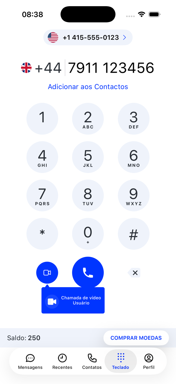 Teclado com um número do Reino Unido digitado, um link Adicionar aos contatos e o botão azul de ligar
