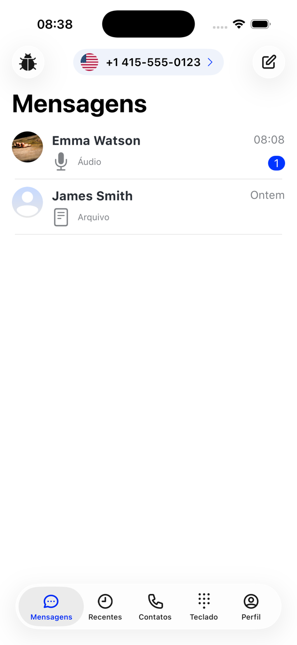 Lista de Mensagens mostrando conversas com Emma Watson e James Smith, uma não lida