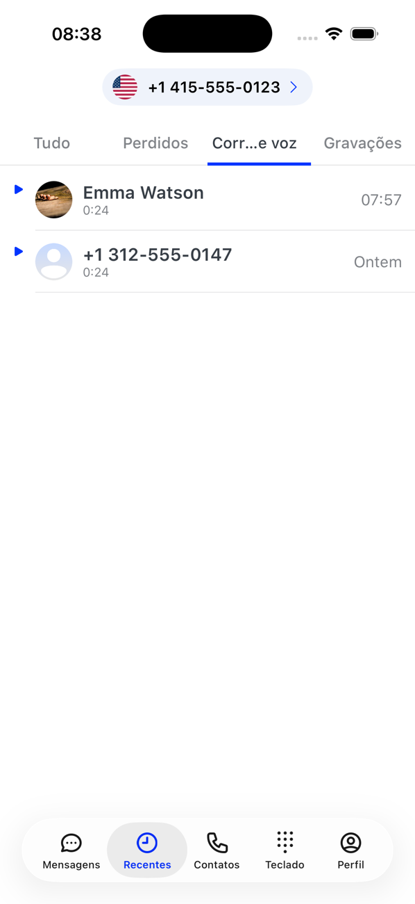 Aba Correio de voz de Recentes listando dois correios de voz com suas durações