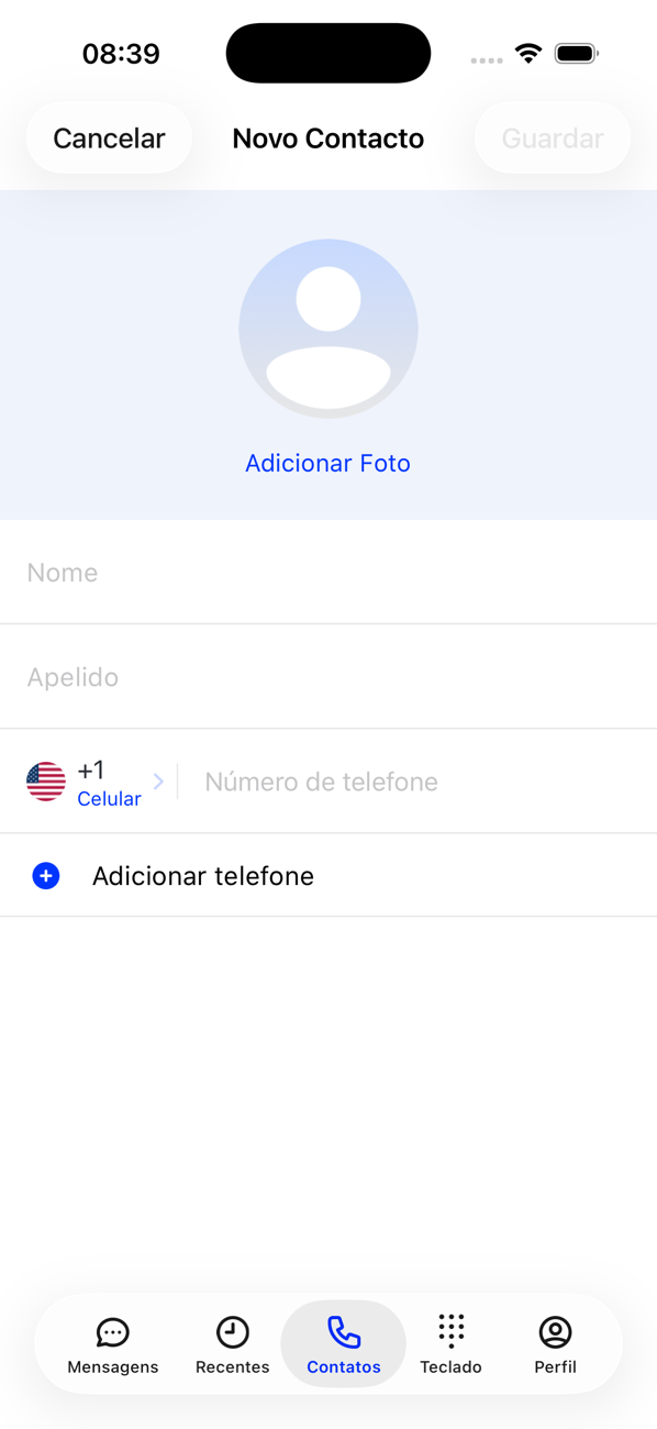 Formulário Novo contato com Adicionar foto, Nome, Sobrenome e um campo de número de telefone